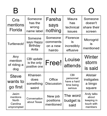 Staff Call Bingo Card