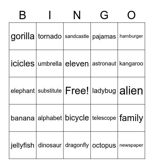 3-Syllable Words Bingo Card