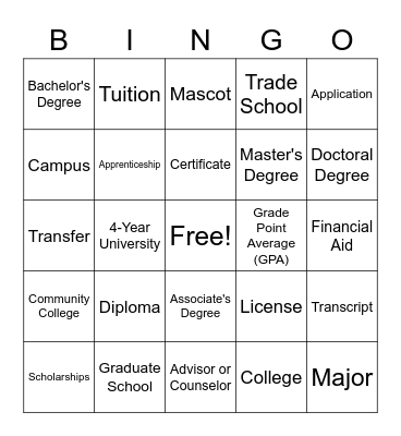 College Vocabulary Bingo Card