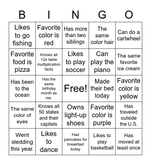 Primary Get to Know You Bingo Card