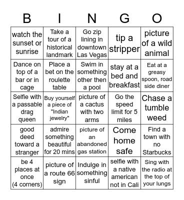 Mitra's Road Trip Bingo Card