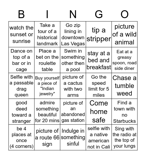 Mitra's Road Trip Bingo Card