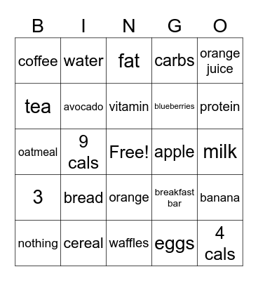 Nutrition Bingo Card