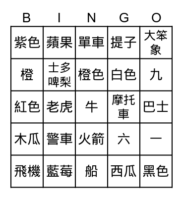 Chinese Bingo Card