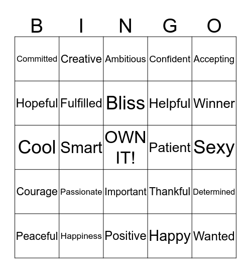 Self Esteem Bingo Card
