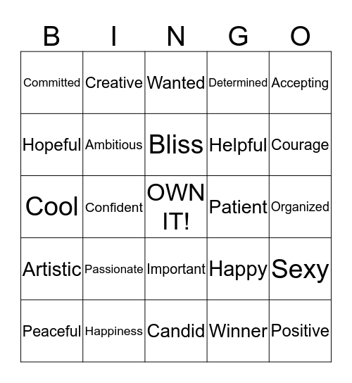 Self Esteem Bingo Card
