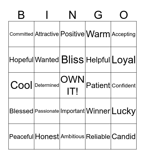 Self Esteem Bingo Card