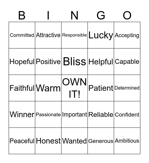 Self Esteem Bingo Card