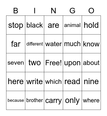 Sight Word Bingo Card