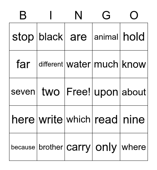 Sight Word Bingo Card