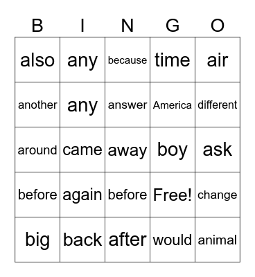 Fry List 2 - First row Bingo Card