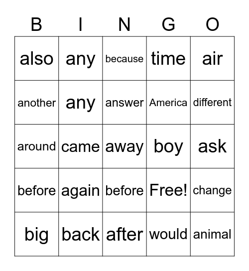 Fry List 2 - First row Bingo Card