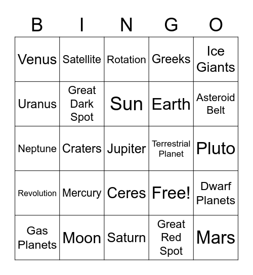 Solar System Bingo Card