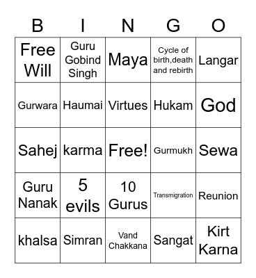 Sikhism Bingo Card