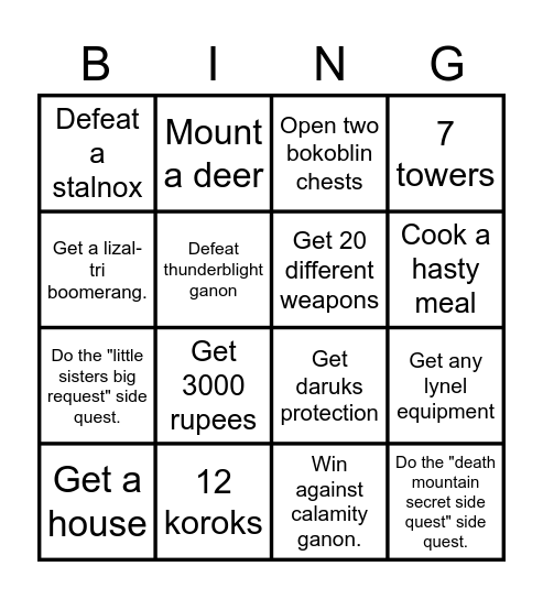 zelda battle Bingo Card