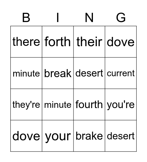 Homophones Bingo Card