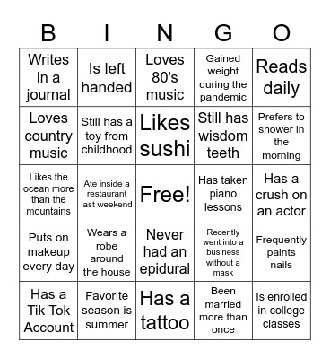 Get to Know You Better Bingo Card
