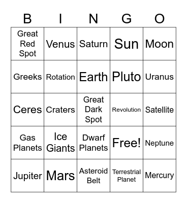 Solar System Bingo Card