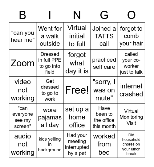 Telework Bingo Card