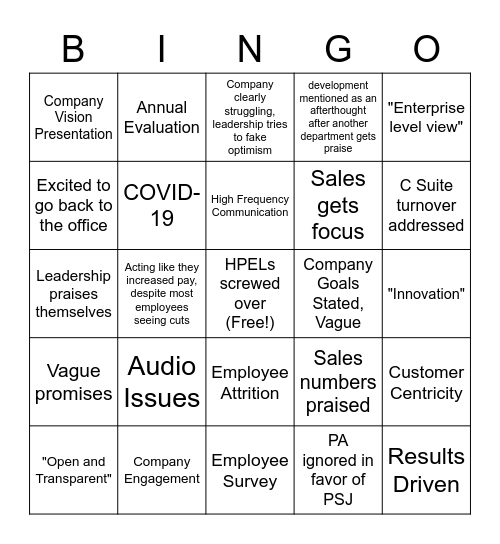 Company Vision Bingo Card