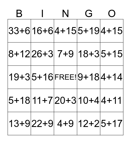 Addition Bingo Card