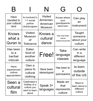 Culture Bingo Card