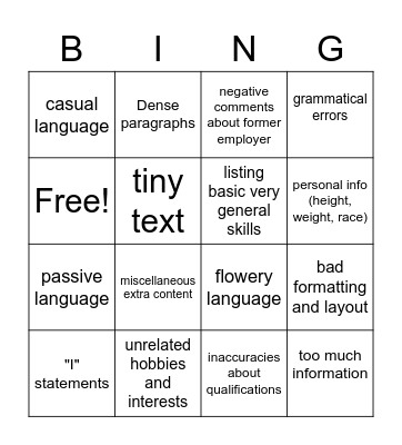 Things to AVOID on a Resume Bingo Card