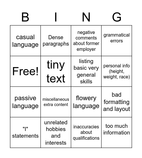 Things to AVOID on a Resume Bingo Card
