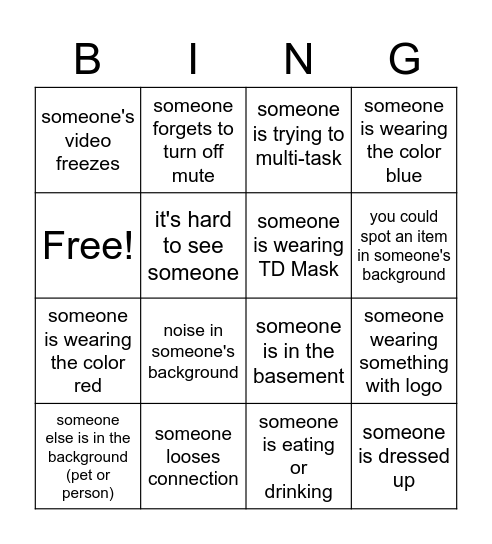WFH BINGO during huddle Bingo Card