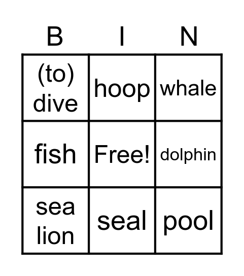 Seaworld Bingo Card