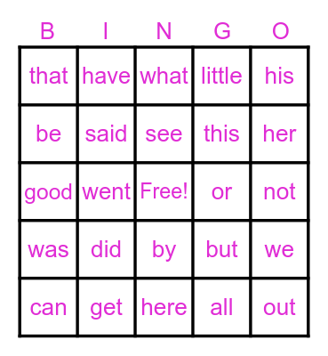 sight words Bingo Card