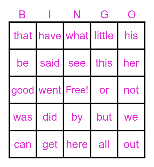 sight words Bingo Card