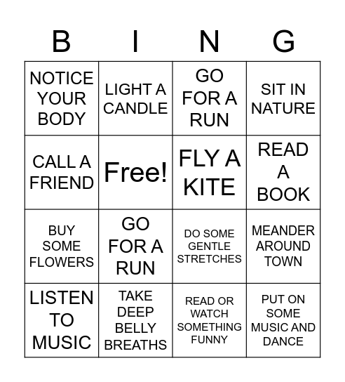 50 Ways to take a break Bingo Card