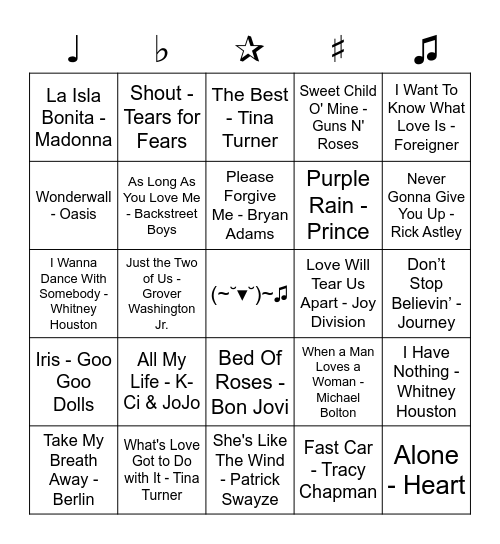 Decades Music Bingo Card