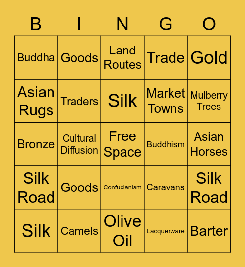 Silk Road Bingo Game Bingo Card