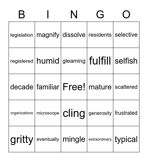 4th Grade Vocab Bingo Card