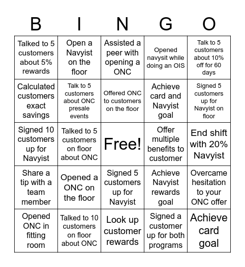 Loyalty Bingo Card