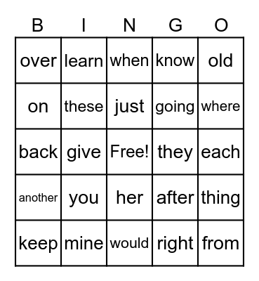 Sight Words Bingo Card