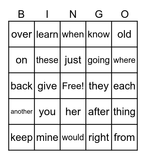 Sight Words Bingo Card