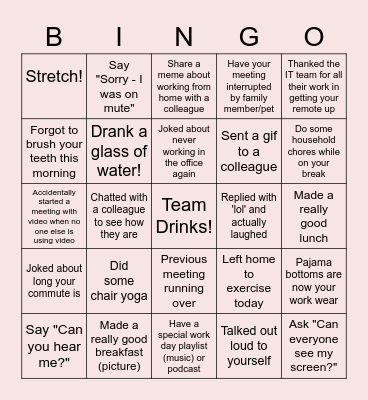 Remote Work Bingo Card
