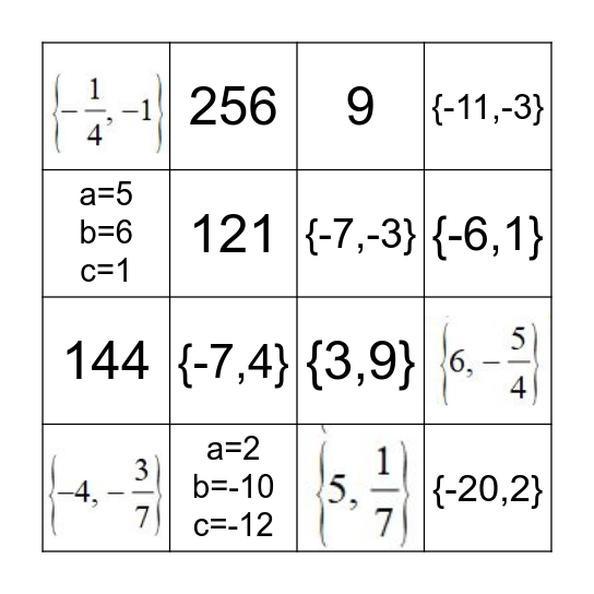 Solving Quadratics Bingo Card
