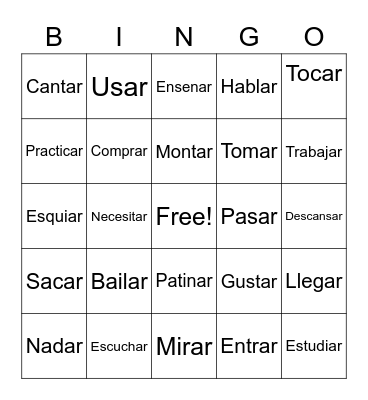 AR Verbs Bingo Card