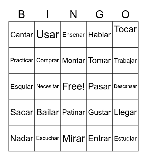 AR Verbs Bingo Card