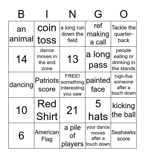 Super Bowl Bingo Card