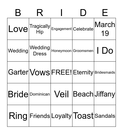 Jiffany Wedding 2015 Bingo Card