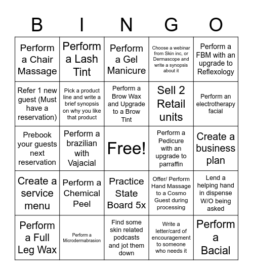 Esthetician Fun! Lets stay motivated!! Bingo Card