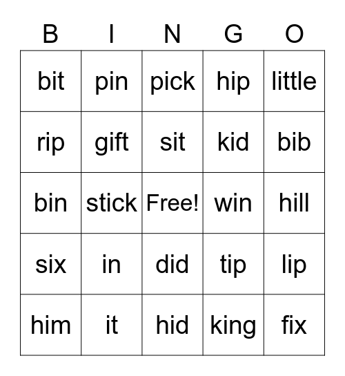 Short I Words Bingo Card