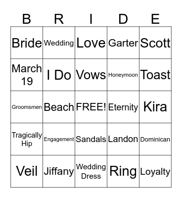 Jiffany Wedding 2015 Bingo Card