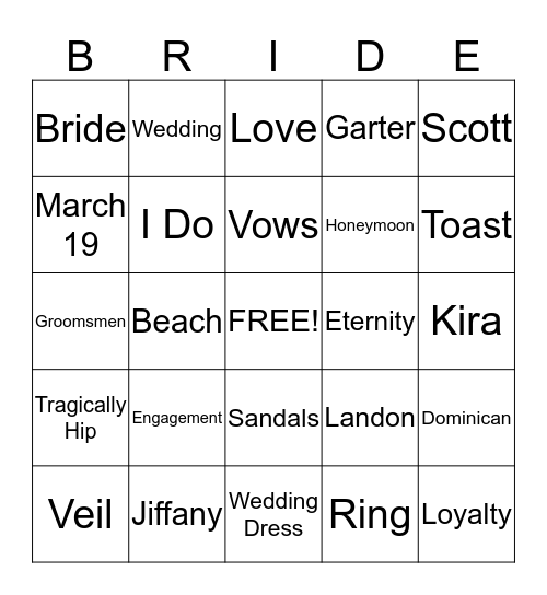 Jiffany Wedding 2015 Bingo Card