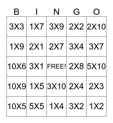 Multiplication Bingo Card